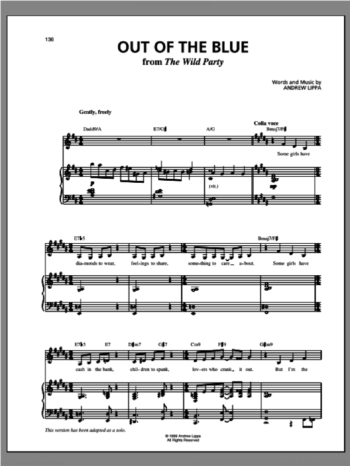 Out Of The Blue sheet music for voice and piano by Andrew Lippa, intermediate skill level