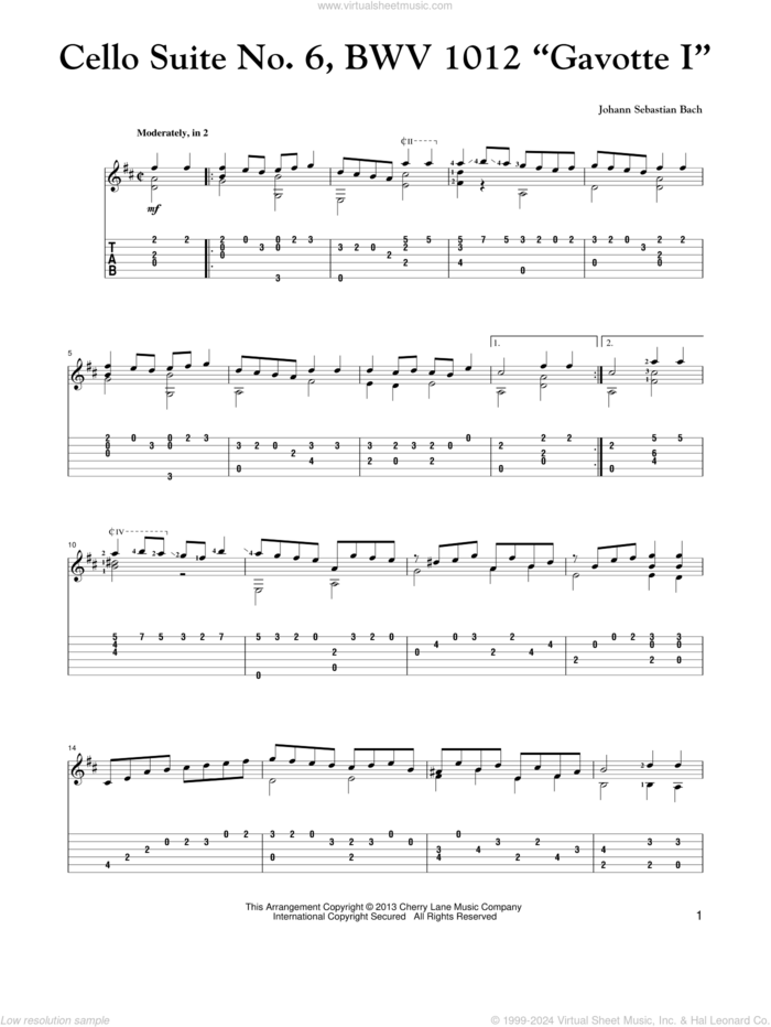 Cello Suite No. 6, BWV 1012 'Gavotte I' sheet music for guitar solo by Johann Sebastian Bach, classical score, intermediate skill level