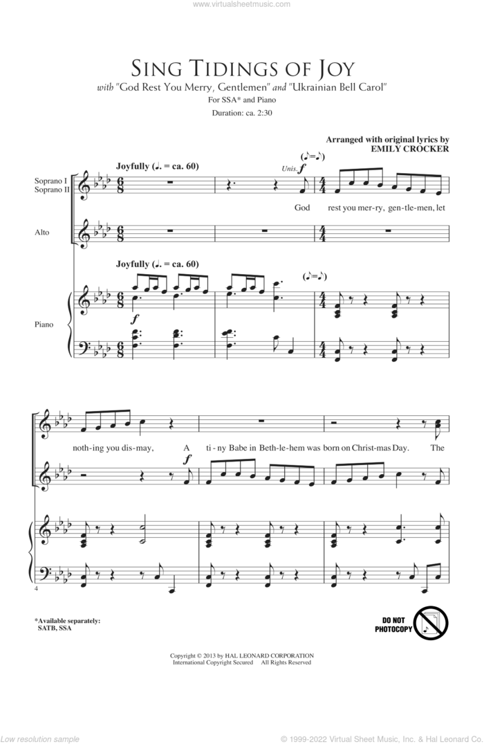 Sing Tidings Of Joy sheet music for choir (SSA: soprano, alto) by Emily Crocker, intermediate skill level