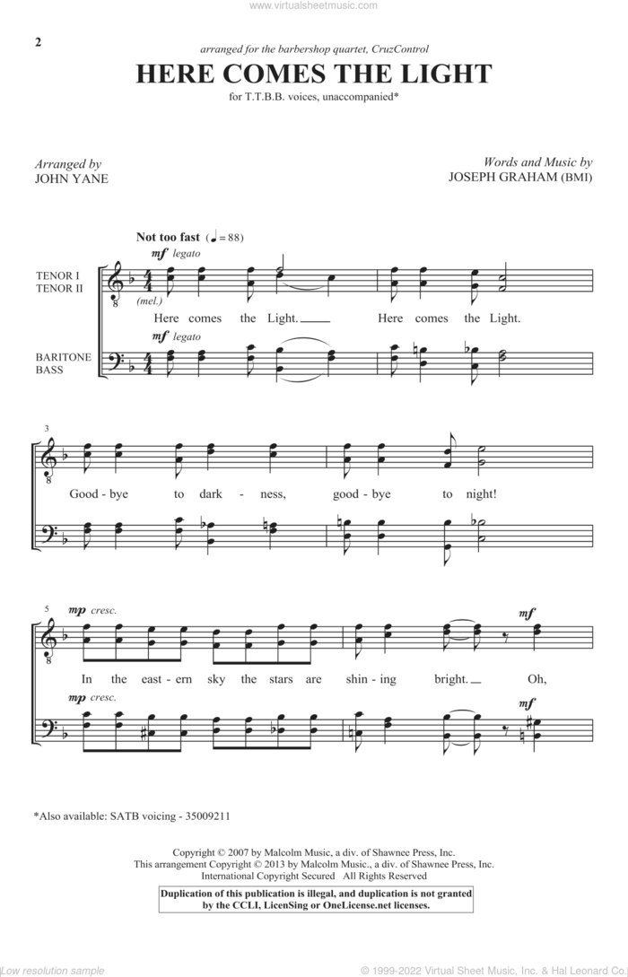 Here Comes The Light sheet music for choir (TTBB: tenor, bass) by Joseph Graham and John Yane, intermediate skill level