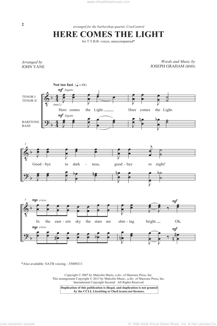 Here Comes The Light sheet music for choir (TTBB: tenor, bass) by Joseph Graham and John Yane, intermediate skill level