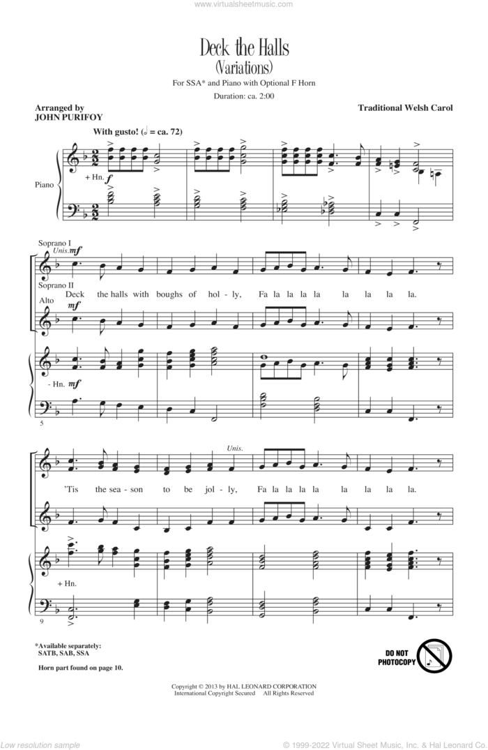 Deck The Hall sheet music for choir (SSA: soprano, alto) by John Purifoy, intermediate skill level