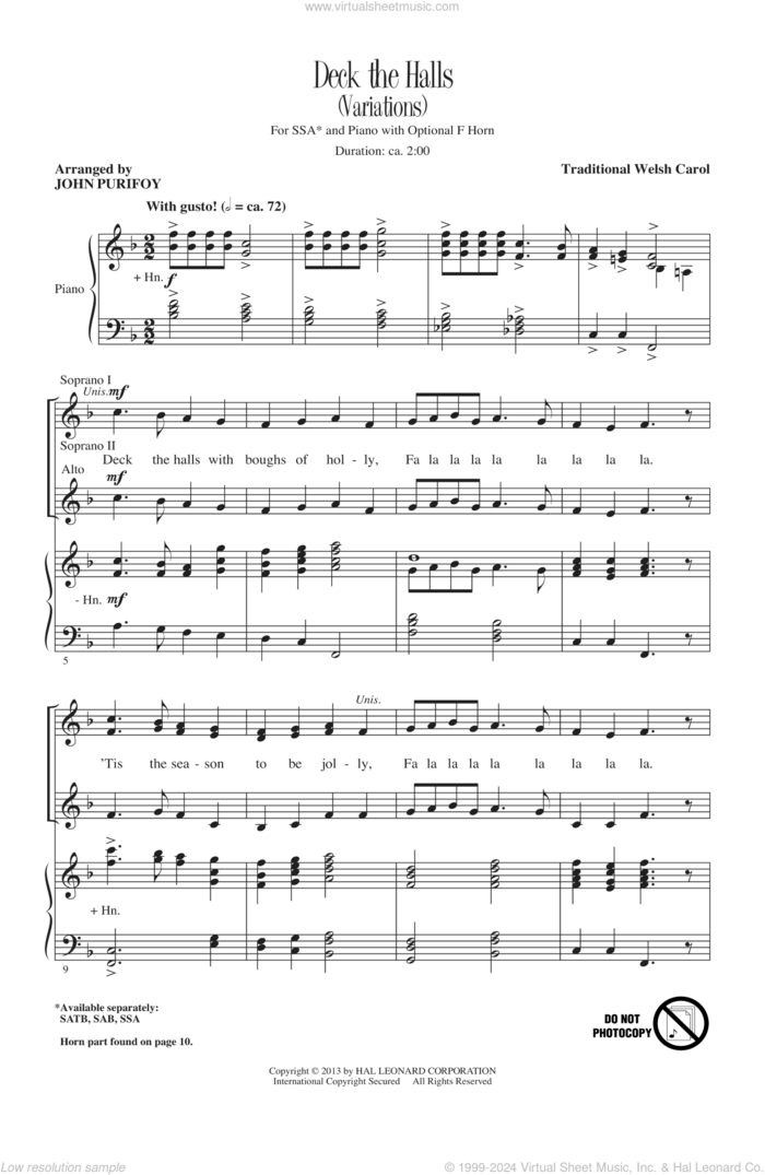 Deck The Hall sheet music for choir (SSA: soprano, alto) by John Purifoy, intermediate skill level