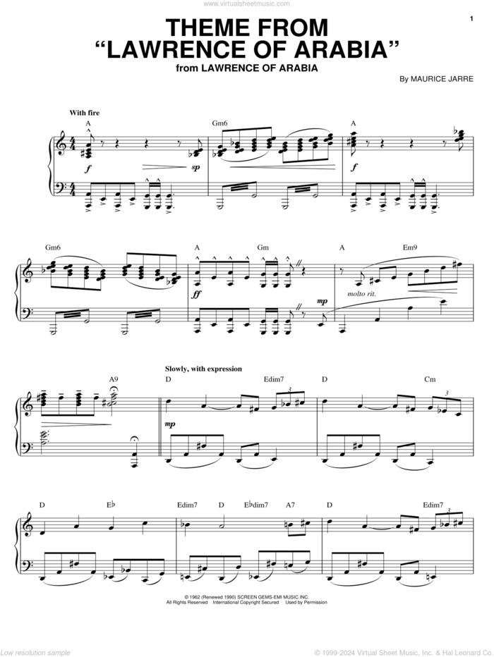 Theme from Lawrence Of Arabia sheet music for voice, piano or guitar by Maurice Jarre, intermediate skill level