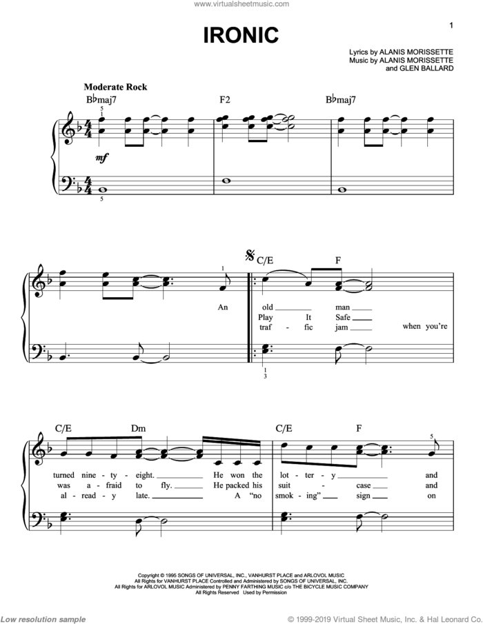 Ironic sheet music for piano solo by Alanis Morissette, easy skill level