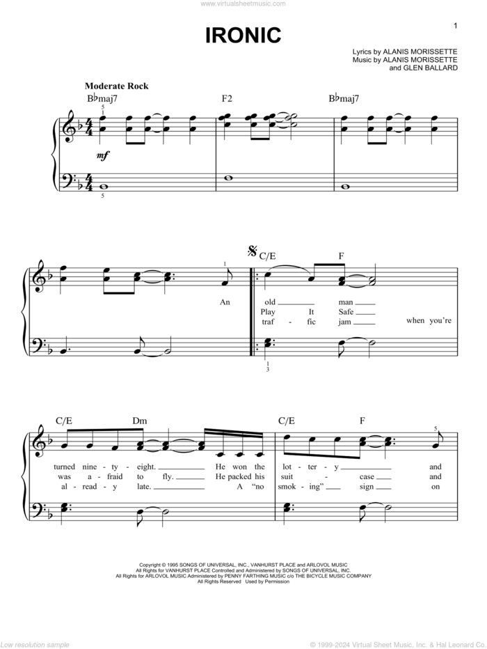 Ironic sheet music for piano solo by Alanis Morissette, easy skill level