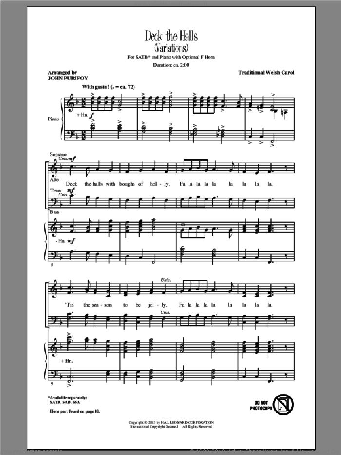 Deck The Hall sheet music for choir (SATB: soprano, alto, tenor, bass) by John Purifoy, intermediate skill level