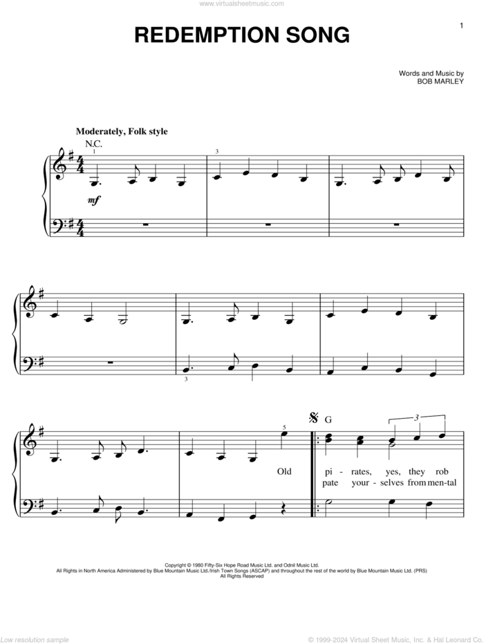 Redemption Song, (easy) sheet music for piano solo by Bob Marley, easy skill level