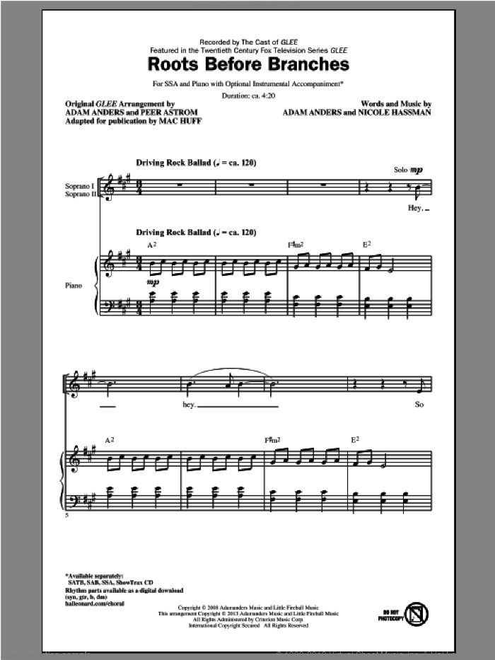 Roots Before Branches sheet music for choir (SSA: soprano, alto) by Mac Huff and Glee Cast, intermediate skill level