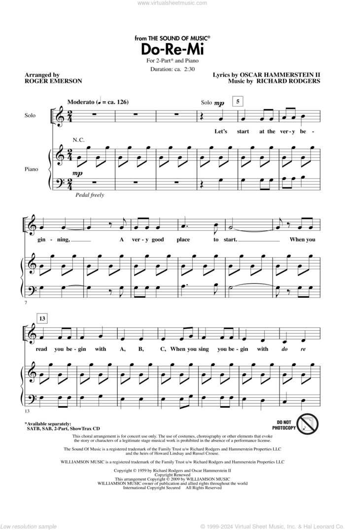 Do-Re-Mi (arr. Roger Emerson) sheet music for choir (2-Part) by Richard Rodgers, Oscar II Hammerstein, Rodgers & Hammerstein and Roger Emerson, intermediate duet