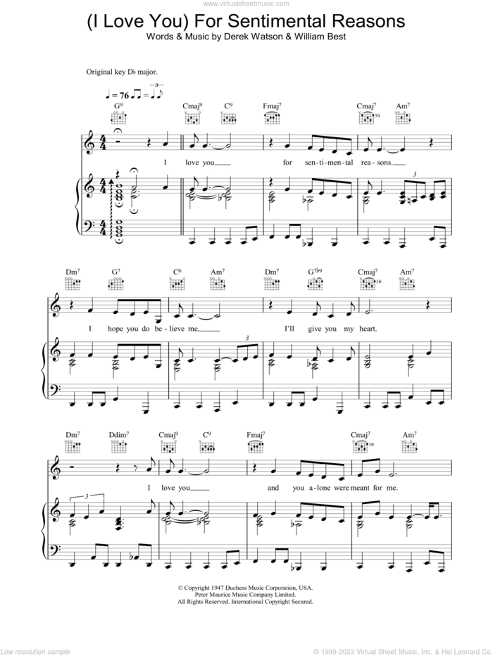 (I Love You) For Sentimental Reasons sheet music for voice, piano or guitar by Nat King Cole, Derek Watson and William Best, intermediate skill level