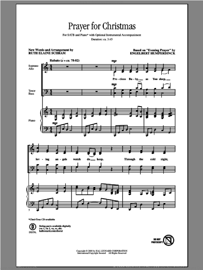 Prayer For Christmas sheet music for choir (SATB: soprano, alto, tenor, bass) by Ruth Elaine Schram and Engelbert Humperdinck, intermediate skill level