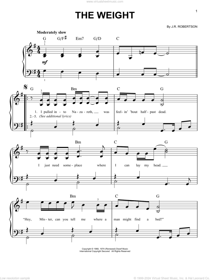 The Weight sheet music for piano solo by The Band, beginner skill level