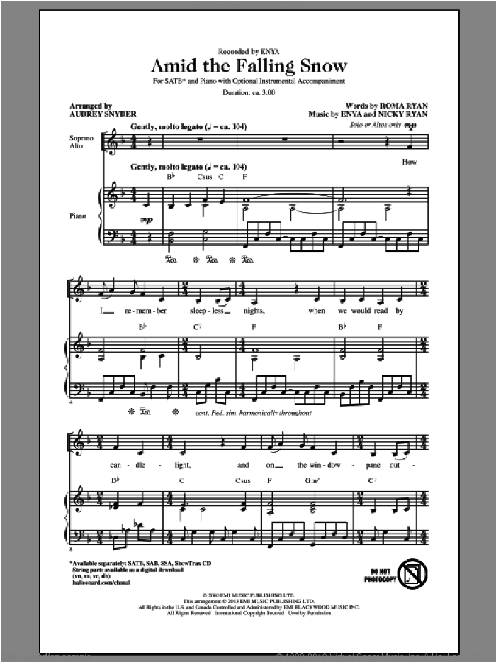 Amid The Falling Snow sheet music for choir (SATB: soprano, alto, tenor, bass) by Audrey Snyder and Enya, intermediate skill level
