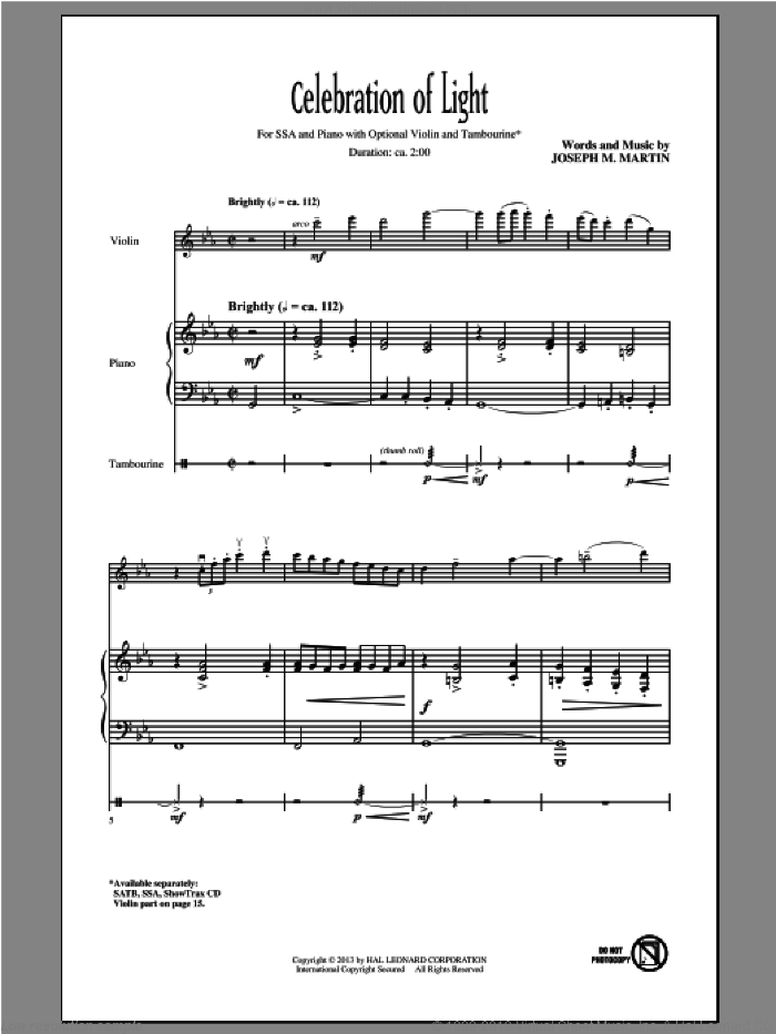 Celebration Of Light sheet music for choir (SSA: soprano, alto) by Joseph M. Martin and Joseph  M. Martin, intermediate skill level