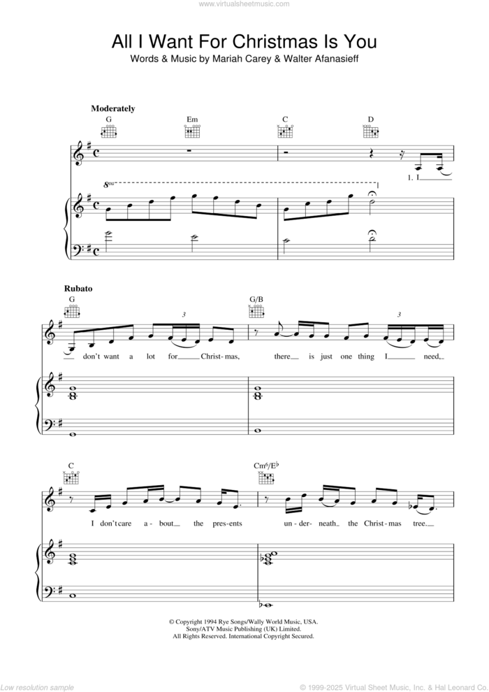 All I Want For Christmas Is You sheet music for voice, piano or guitar by Mariah Carey and Walter Afanasieff, intermediate skill level