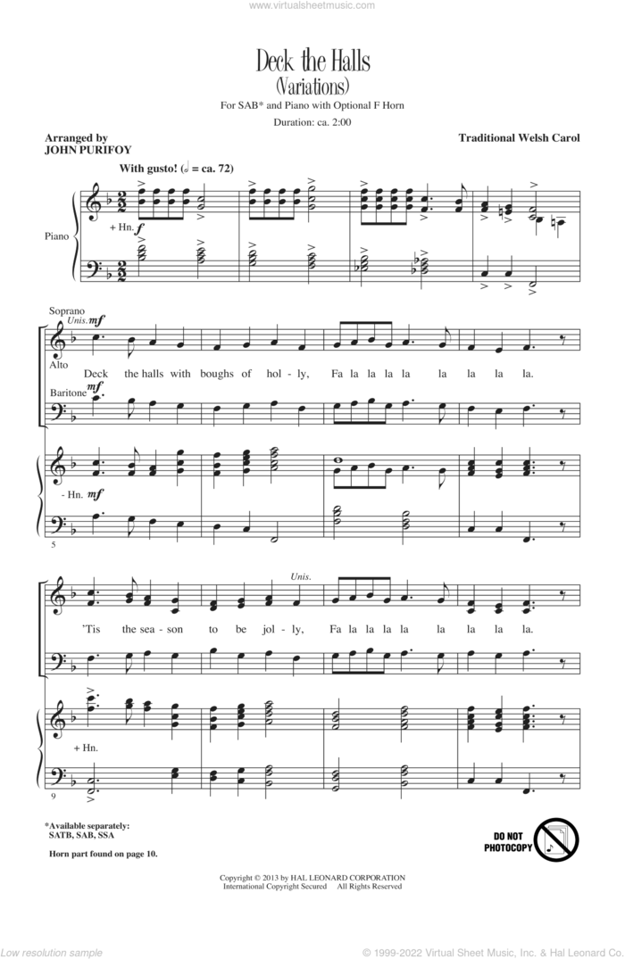 Deck The Hall sheet music for choir (SAB: soprano, alto, bass) by John Purifoy, intermediate skill level