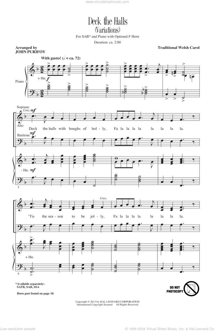 Deck The Hall sheet music for choir (SAB: soprano, alto, bass) by John Purifoy, intermediate skill level