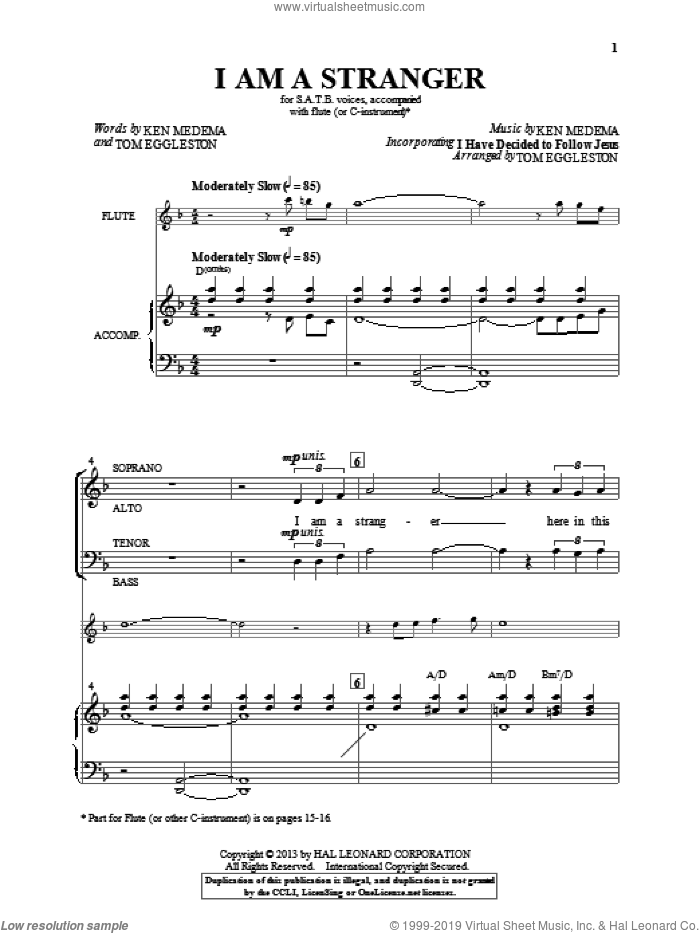 I Am A Stranger sheet music for choir (SATB: soprano, alto, tenor, bass) by Tom Eggleston and Ken Medema, intermediate skill level