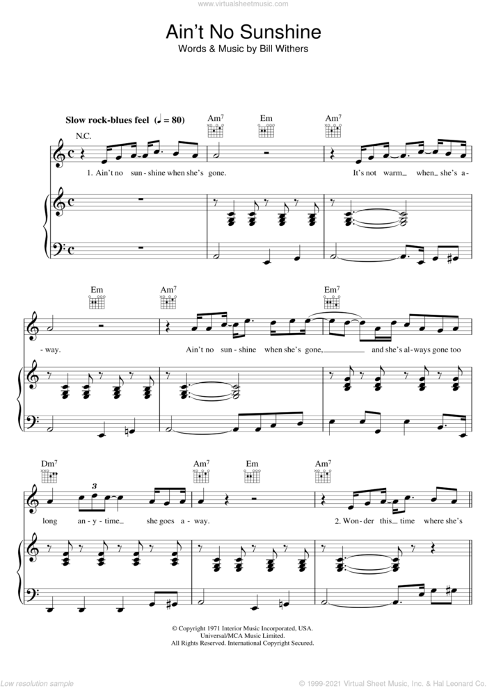 Ain't No Sunshine sheet music for voice, piano or guitar by Bill Withers, intermediate skill level