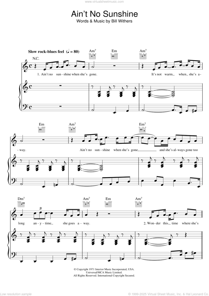 Ain't No Sunshine sheet music for voice, piano or guitar by Bill Withers, intermediate skill level