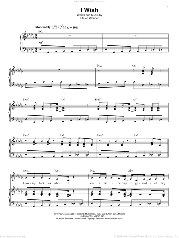 I Wish sheet music for voice and piano by Stevie Wonder, intermediate skill level