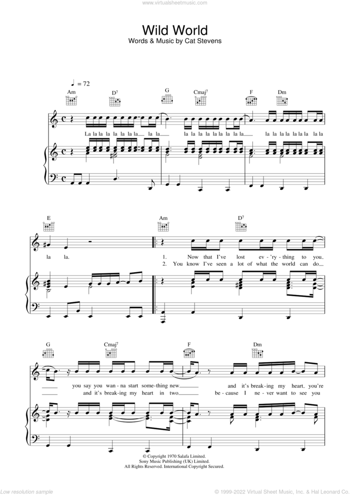 Wild World sheet music for voice, piano or guitar by Cat Stevens, intermediate skill level
