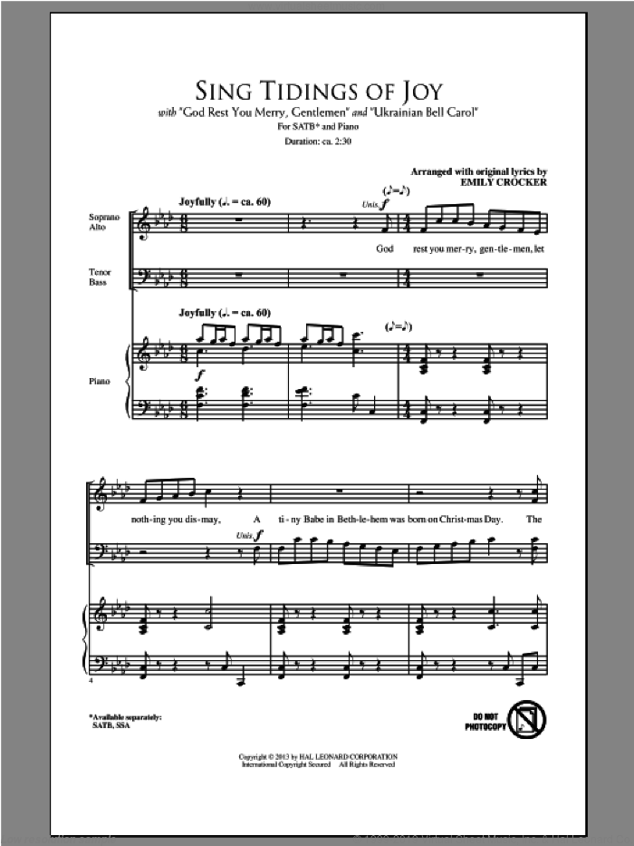 Sing Tidings Of Joy sheet music for choir (SATB: soprano, alto, tenor, bass) by Emily Crocker, intermediate skill level