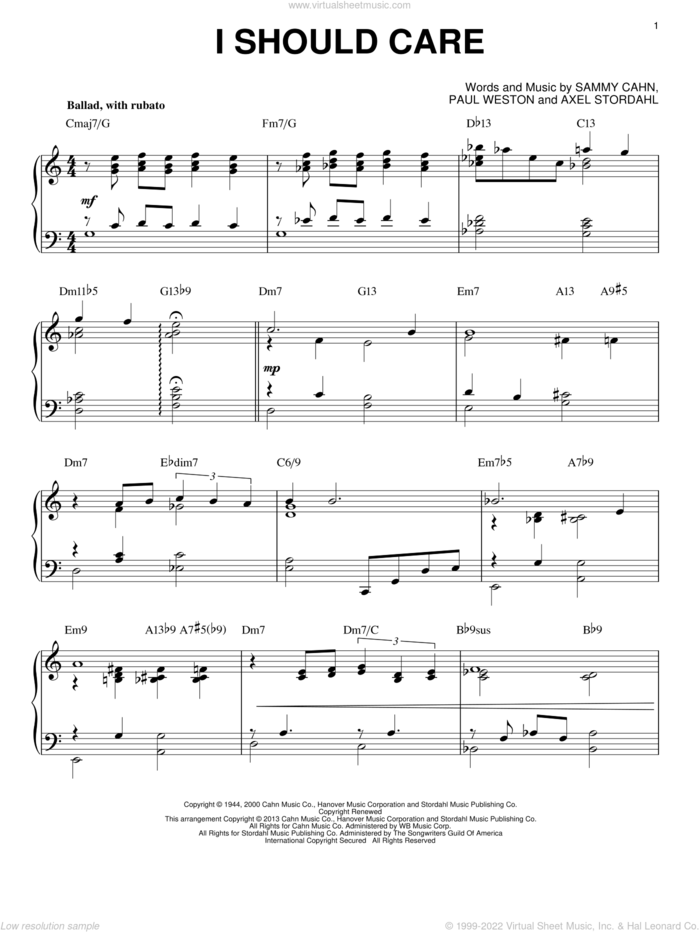 I Should Care (arr. Brent Edstrom) sheet music for piano solo by Sammy Cahn, Axel Stordahl and Paul Weston, intermediate skill level
