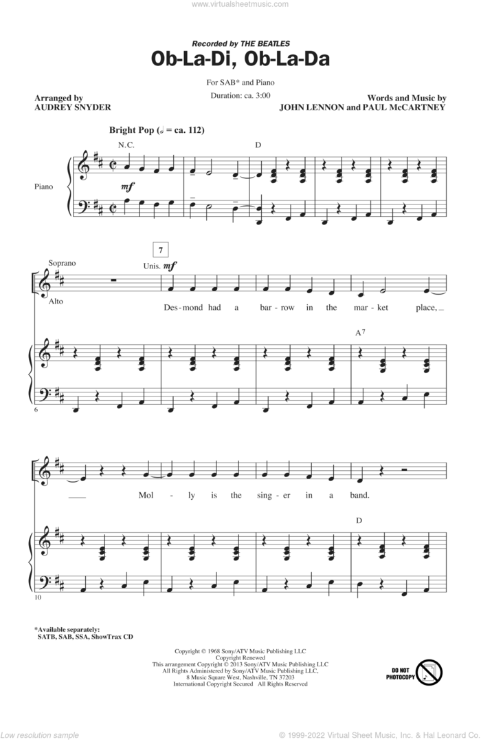 Ob-La-Di, Ob-La-Da sheet music for choir (SAB: soprano, alto, bass) by The Beatles and Audrey Snyder, intermediate skill level