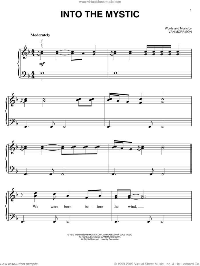 Into The Mystic sheet music for piano solo by Van Morrison, easy skill level
