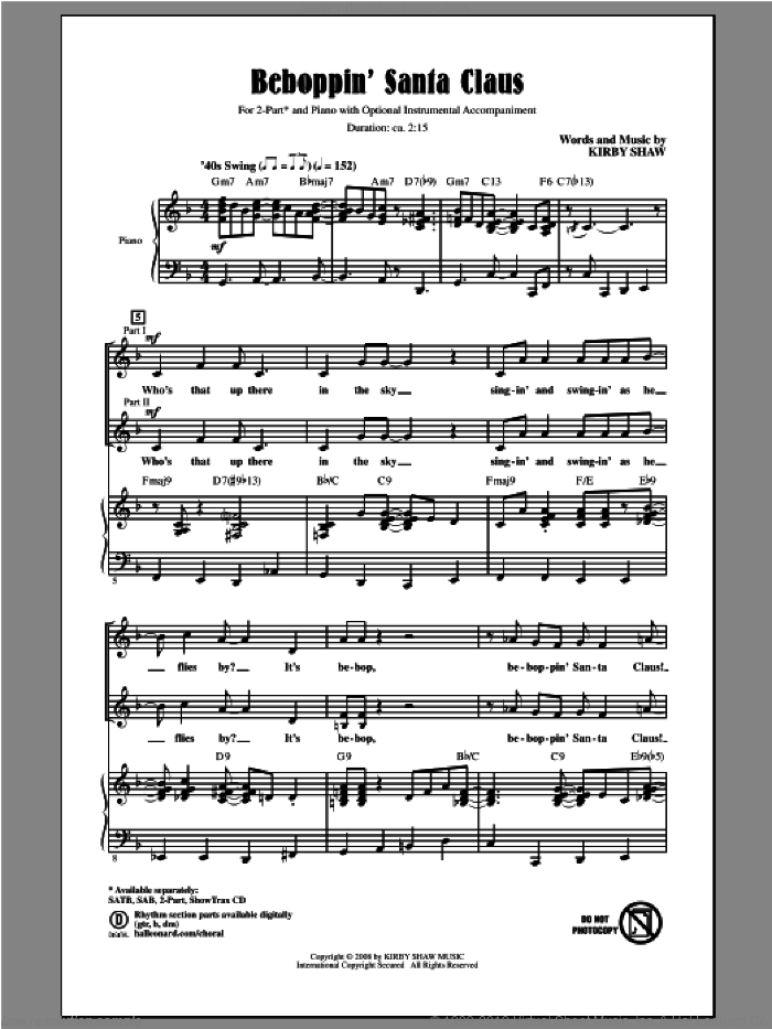 Beboppin' Santa Claus sheet music for choir (2-Part) by Kirby Shaw, intermediate duet