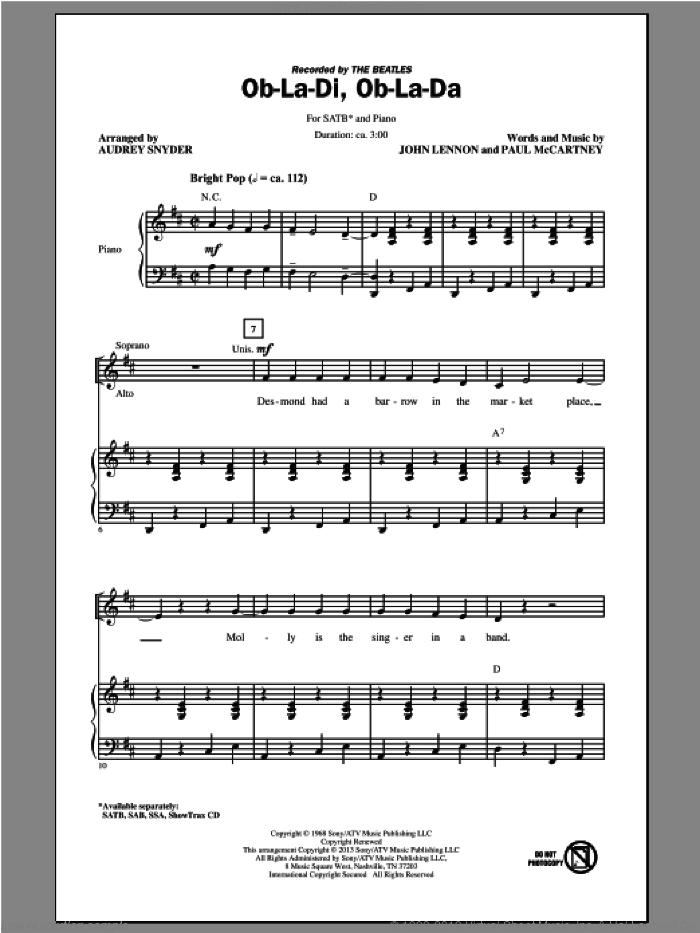 Ob-La-Di, Ob-La-Da sheet music for choir (SATB: soprano, alto, tenor, bass) by The Beatles and Audrey Snyder, intermediate skill level