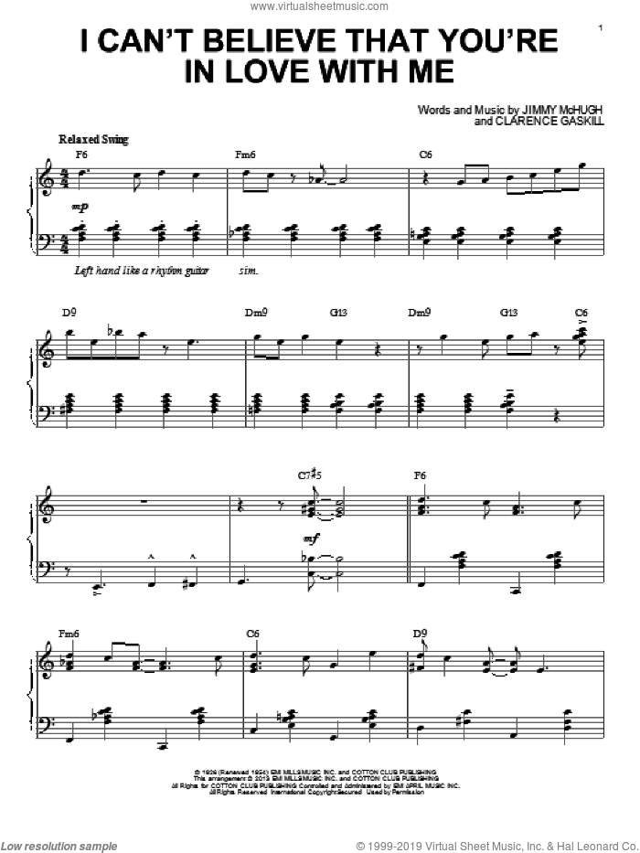 I Can't Believe That You're In Love With Me (arr. Brent Edstrom) sheet music for piano solo by Jimmy McHugh and Clarence Gaskill, intermediate skill level