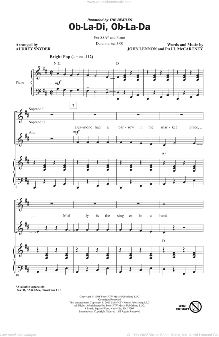 Ob-La-Di, Ob-La-Da sheet music for choir (SSA: soprano, alto) by The Beatles and Audrey Snyder, intermediate skill level