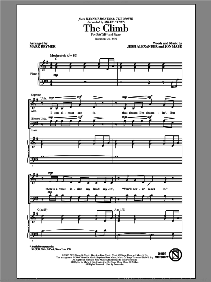 The Climb sheet music for choir (SATB: soprano, alto, tenor, bass) by Mark Brymer and Miley Cyrus, intermediate skill level