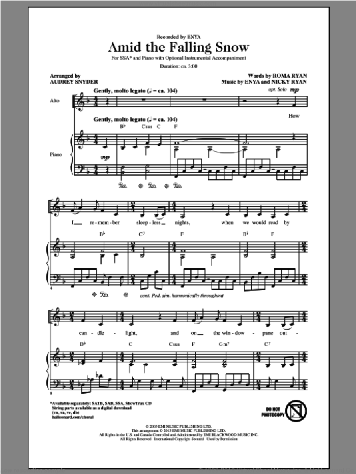 Amid The Falling Snow sheet music for choir (SSA: soprano, alto) by Audrey Snyder and Enya, intermediate skill level