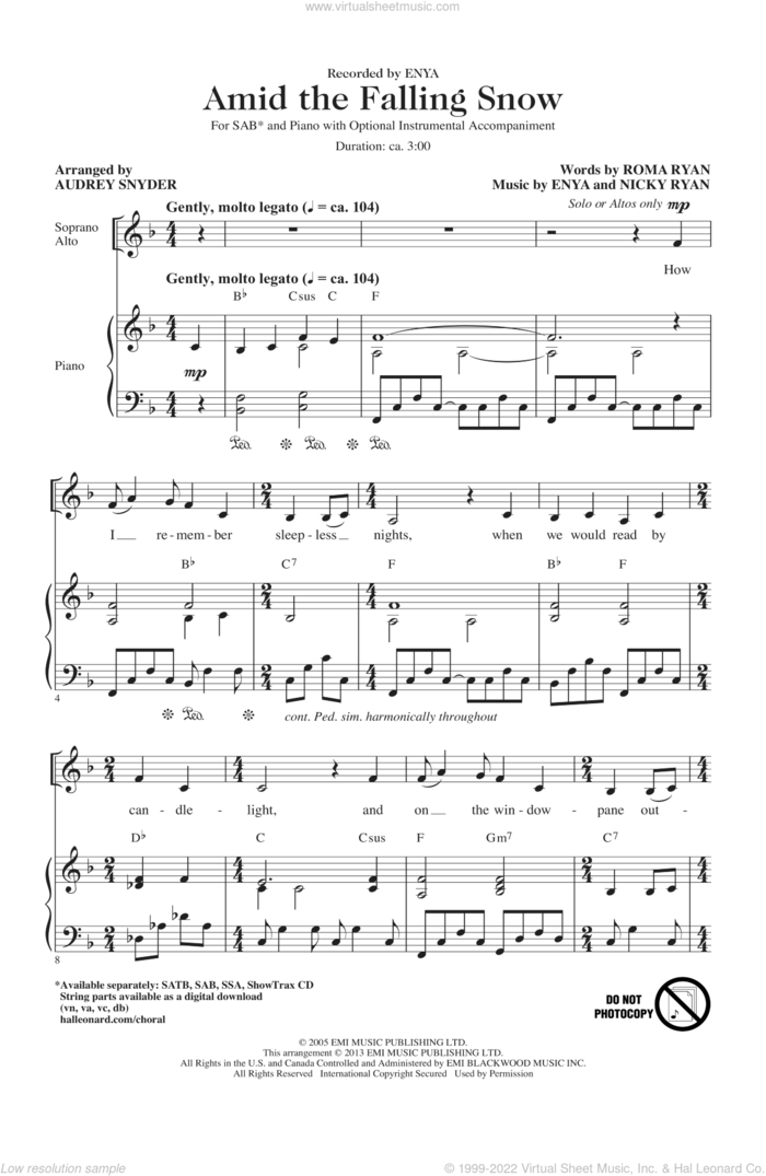 Amid The Falling Snow sheet music for choir (SAB: soprano, alto, bass) by Audrey Snyder and Enya, intermediate skill level