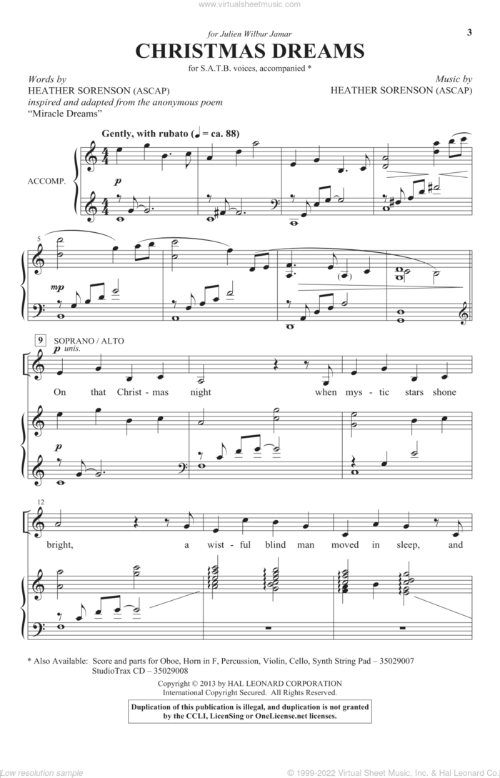 Christmas Dreams sheet music for choir (SATB: soprano, alto, tenor, bass) by Heather Sorenson, intermediate skill level