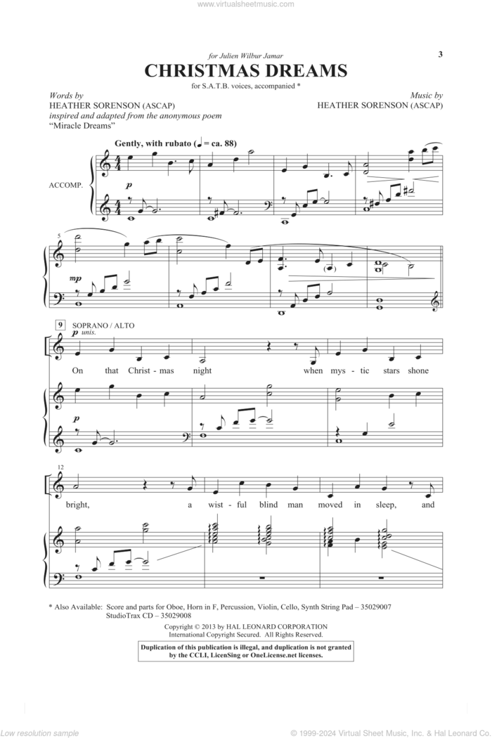 Christmas Dreams sheet music for choir (SATB: soprano, alto, tenor, bass) by Heather Sorenson, intermediate skill level