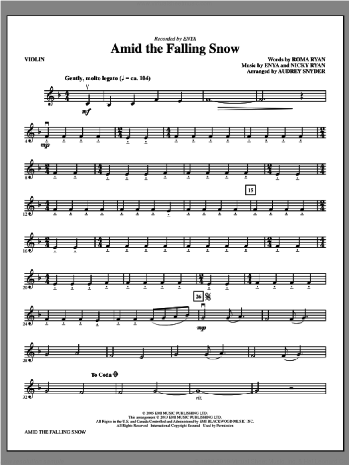 Amid the Falling Snow (complete set of parts) sheet music for orchestra/band (Strings) by Audrey Snyder and Enya, intermediate skill level