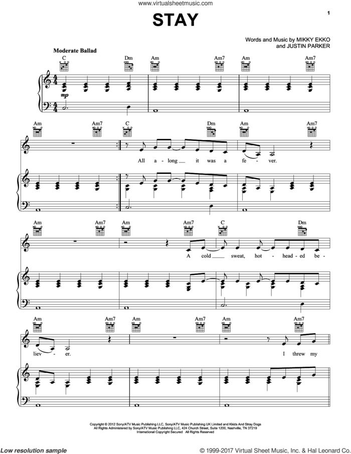 Stay sheet music for voice, piano or guitar by Rihanna, intermediate skill level