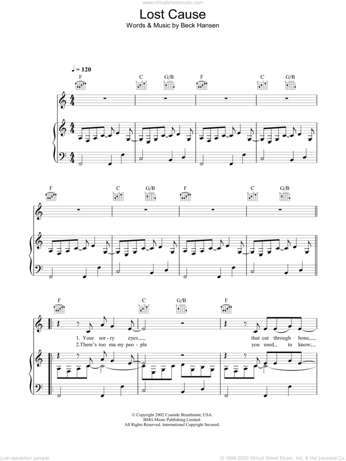 Lost Cause sheet music for voice, piano or guitar by Beck Hansen, intermediate skill level