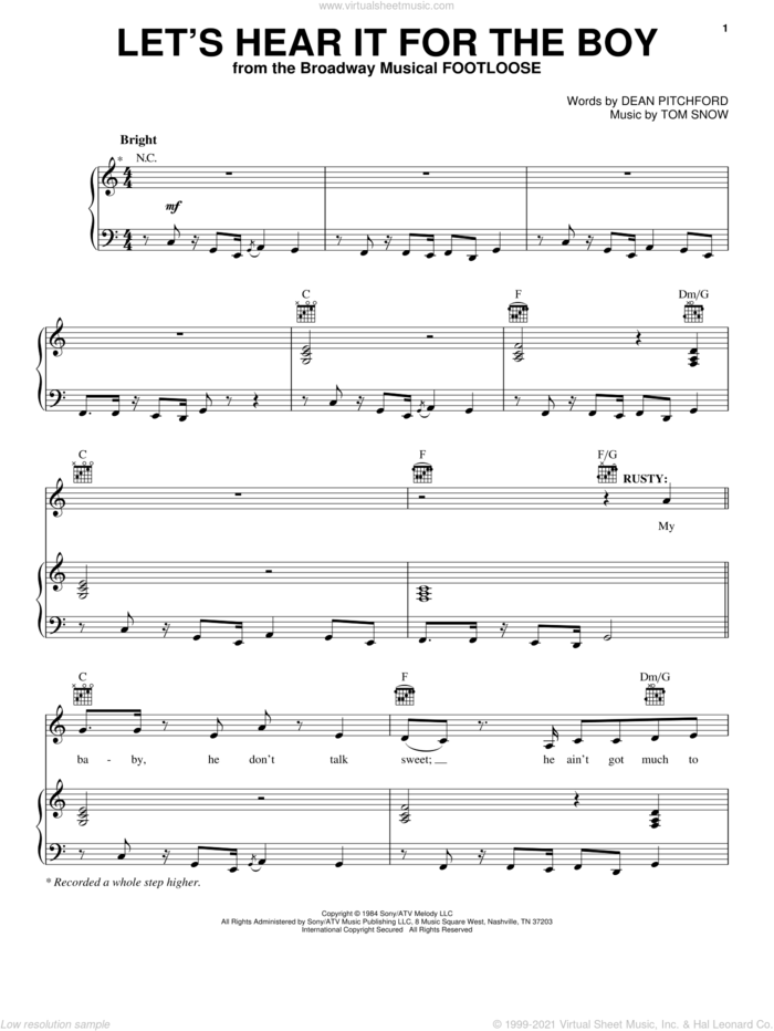 Let's Hear It For The Boy sheet music for voice, piano or guitar by Deniece Williams, Footloose (Movie), Footloose (Musical), Dean Pitchford and Tom Snow, intermediate skill level