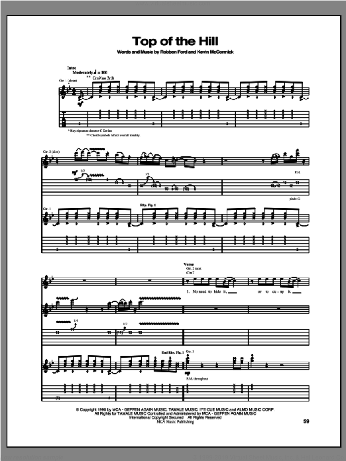 Top Of The Hill sheet music for guitar (tablature) by Robben Ford, intermediate skill level