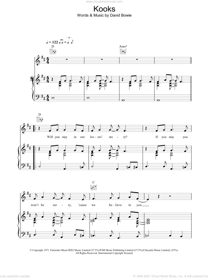 Kooks sheet music for voice, piano or guitar by David Bowie, intermediate skill level