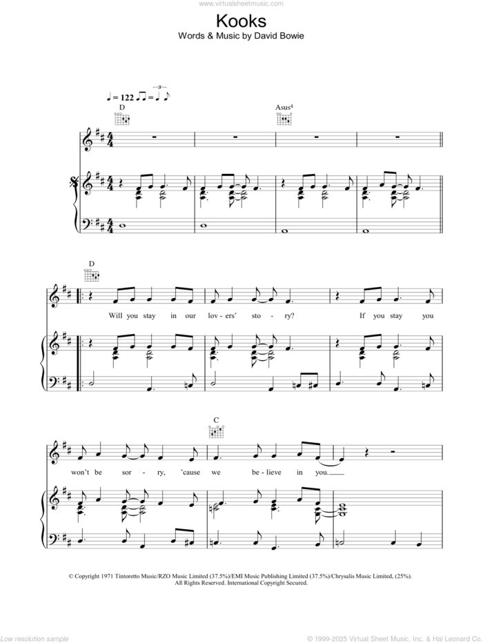 Kooks sheet music for voice, piano or guitar by David Bowie, intermediate skill level