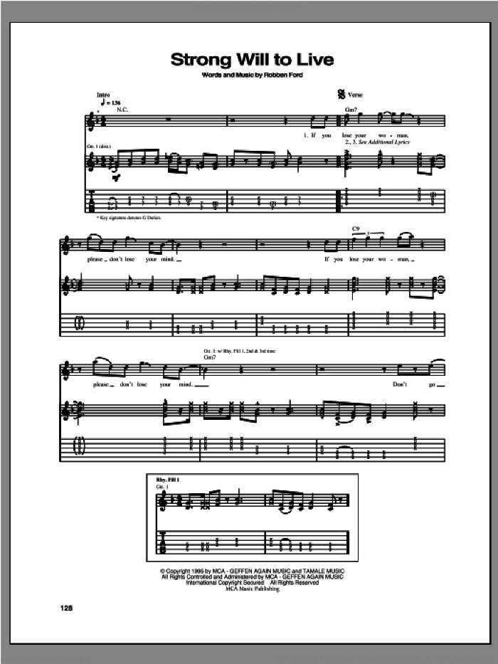 Strong Will To Live sheet music for guitar (tablature) by Robben Ford, intermediate skill level