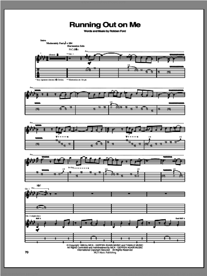 Running Out On Me sheet music for guitar (tablature) by Robben Ford, intermediate skill level