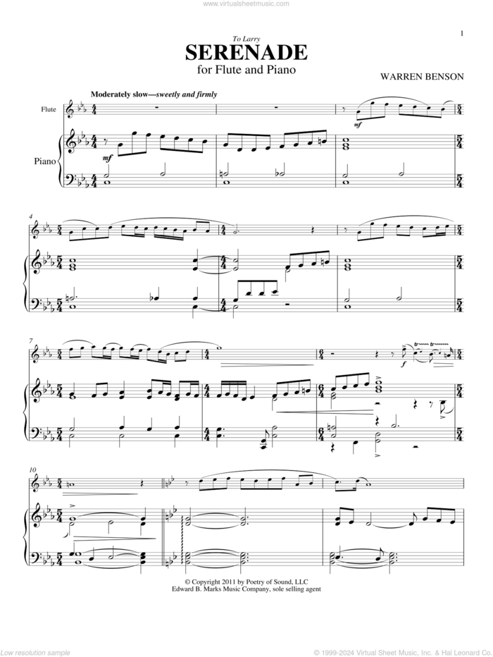 Serenade sheet music for flute and piano by Warren Benson, classical score, intermediate skill level